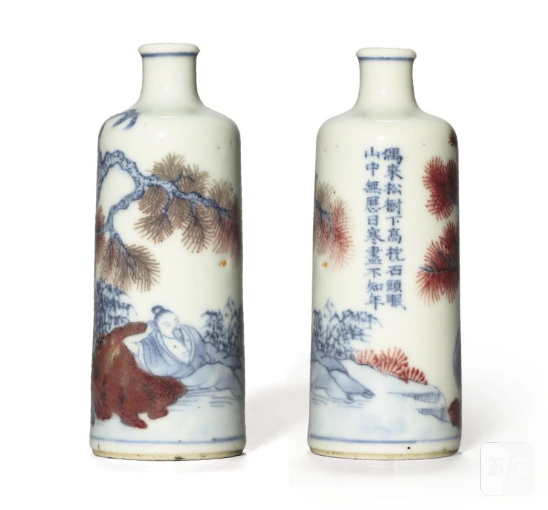 清中期 青花釉里红人物诗文鼻烟壶 - 图1